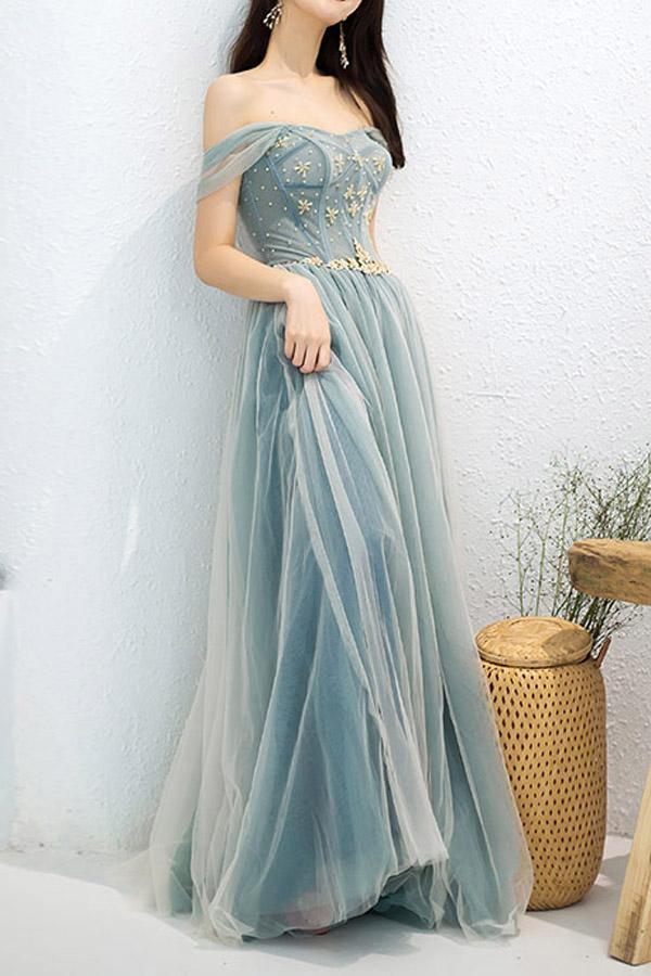 Elegant A-Line Off Shoulder Beaded Appliques Long Prom Dress.