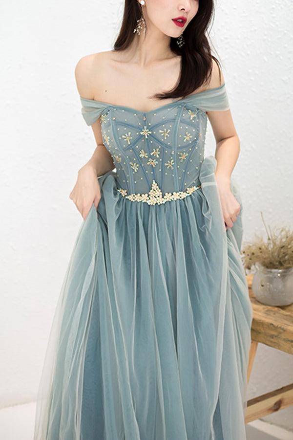 Side view of A-Line Off Shoulder Beaded Appliques Long Prom Dress.