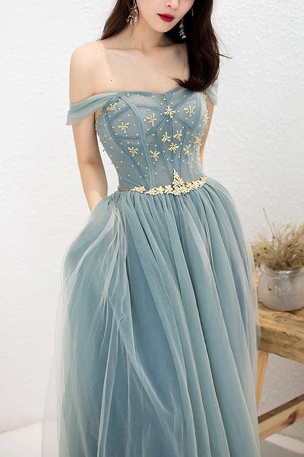 Close-up of beaded appliques on the A-Line Off Shoulder Long Prom Dress.