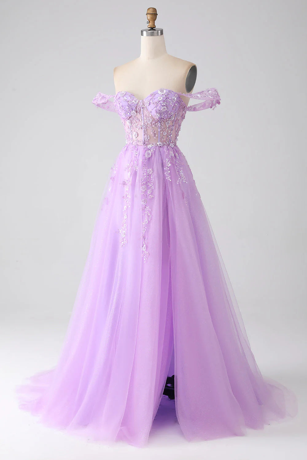 Elegant lilac A-line off-shoulder prom dress with beaded corset.