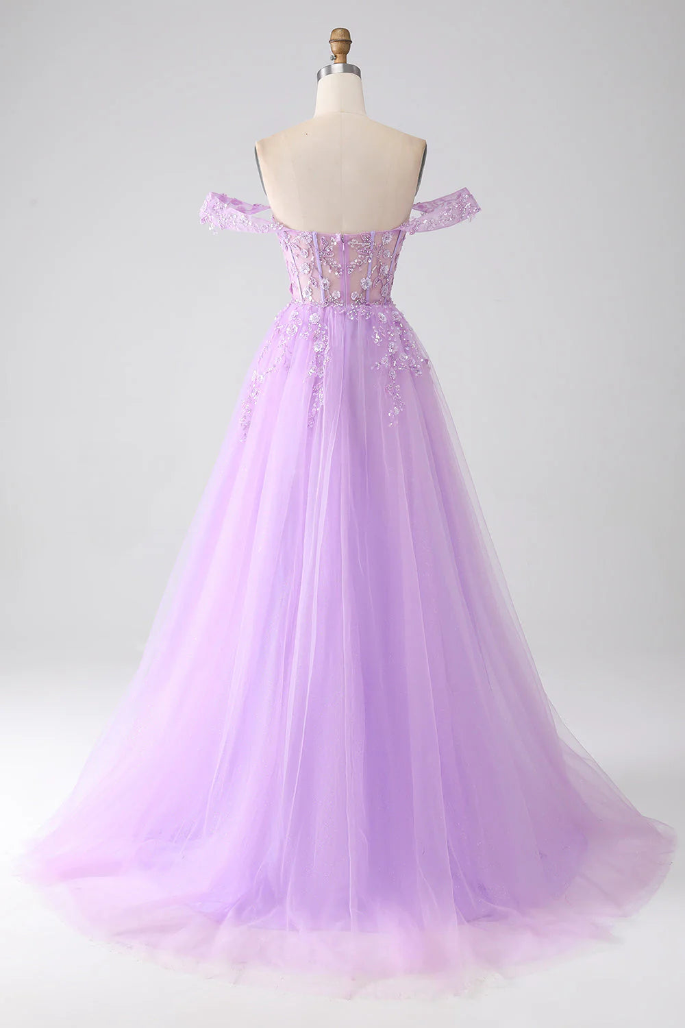 Back view of lilac A-line off-shoulder prom dress.