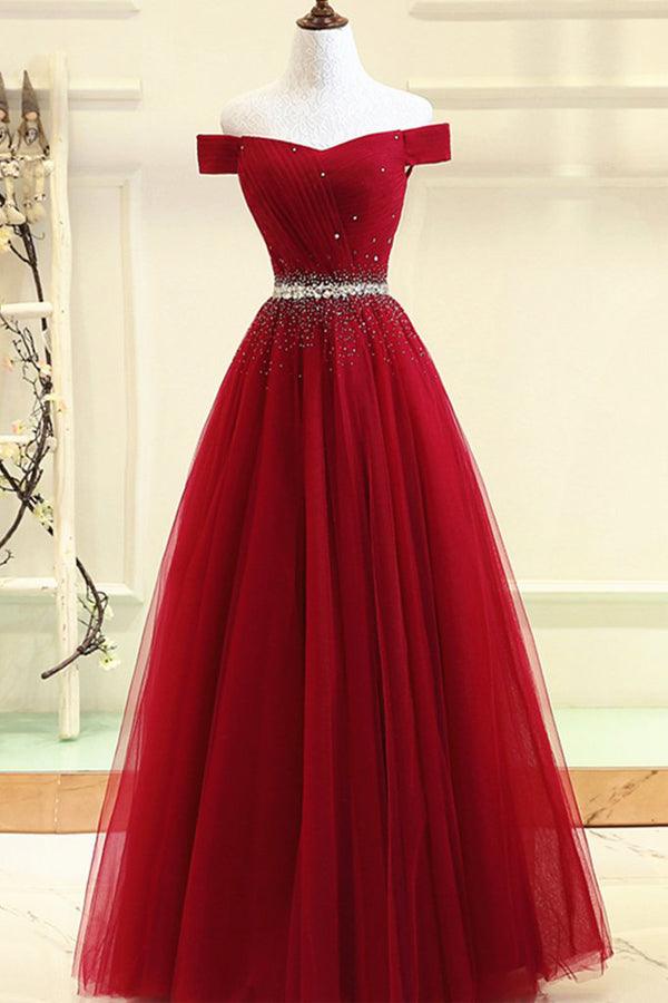 Elegant A-line off-shoulder beaded tulle prom dress, full view.