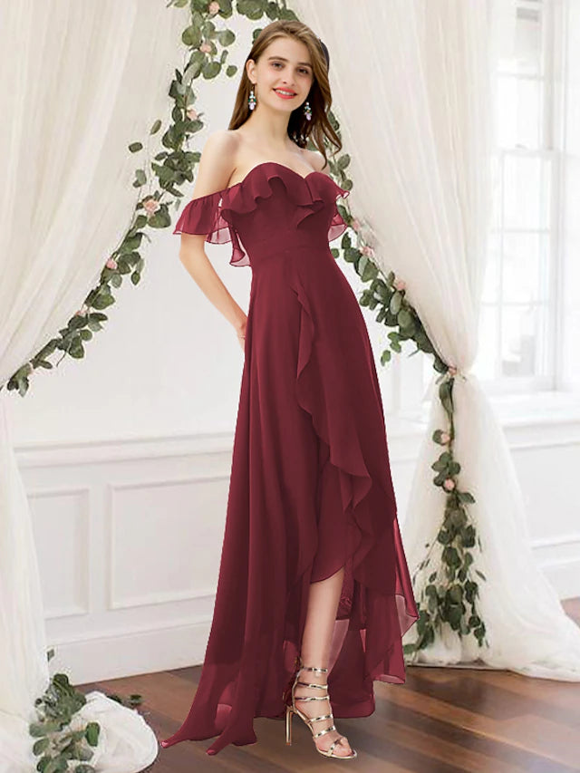 Elegant A-line off-shoulder chiffon bridesmaid dress with pleats and a split front.