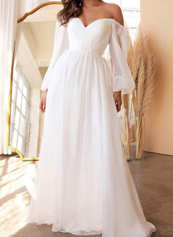 Elegant A-line off-shoulder chiffon wedding dress.