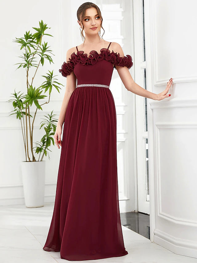 Elegant A-line off-shoulder chiffon prom dress with appliques.