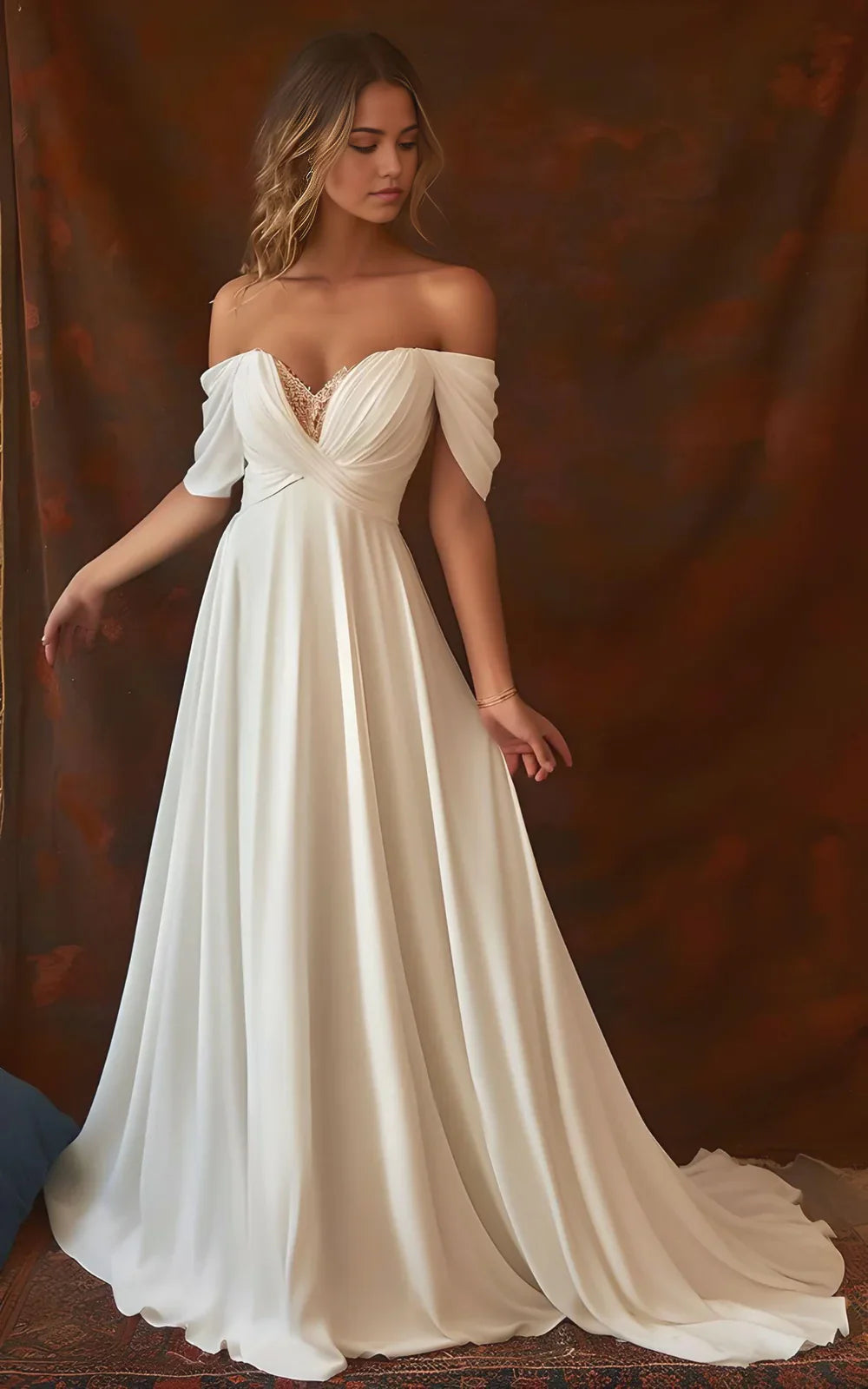 Model wearing an elegant A-line off-shoulder chiffon wedding dress.