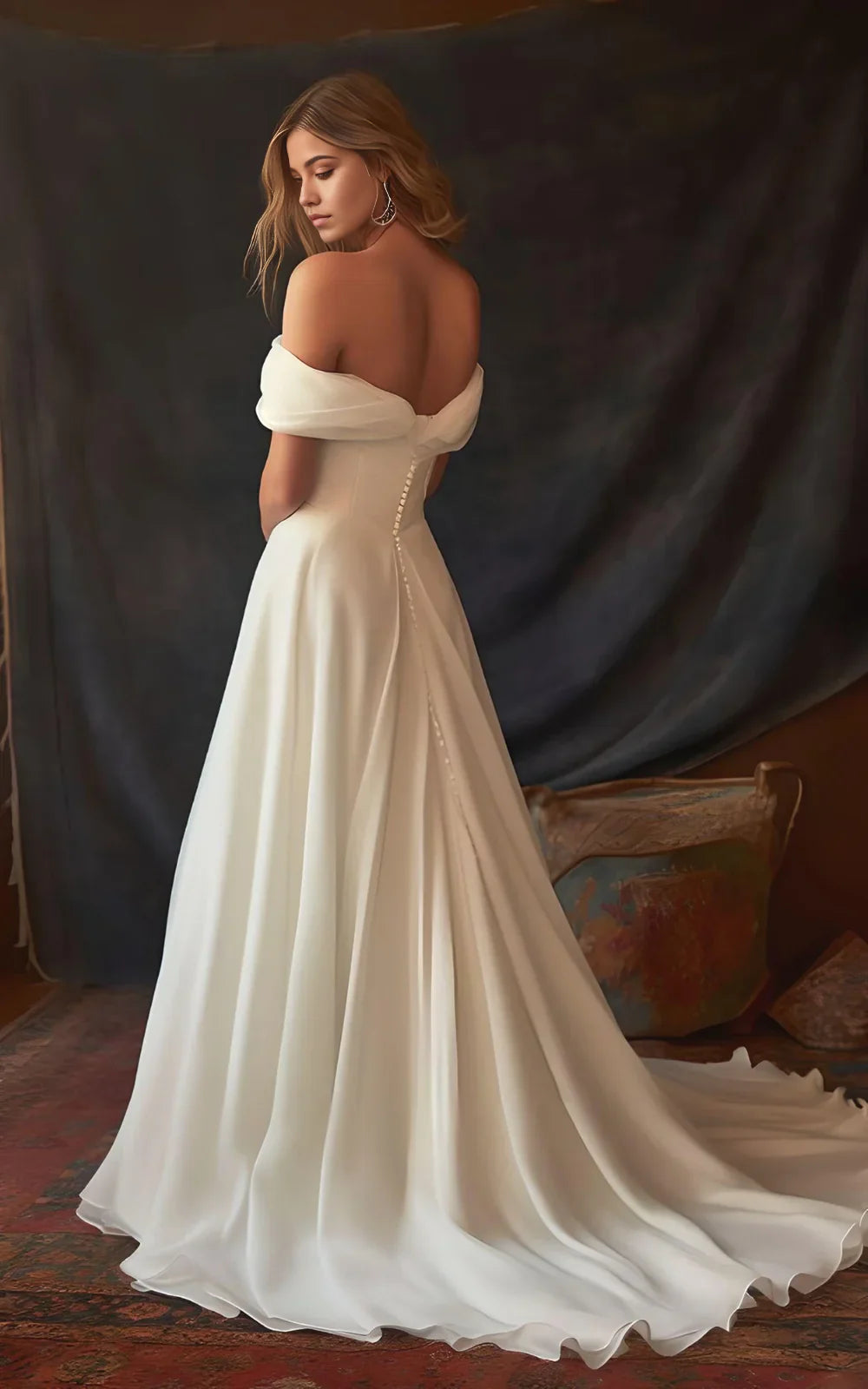 Back view of the A-line off-shoulder chiffon wedding dress with ruching.