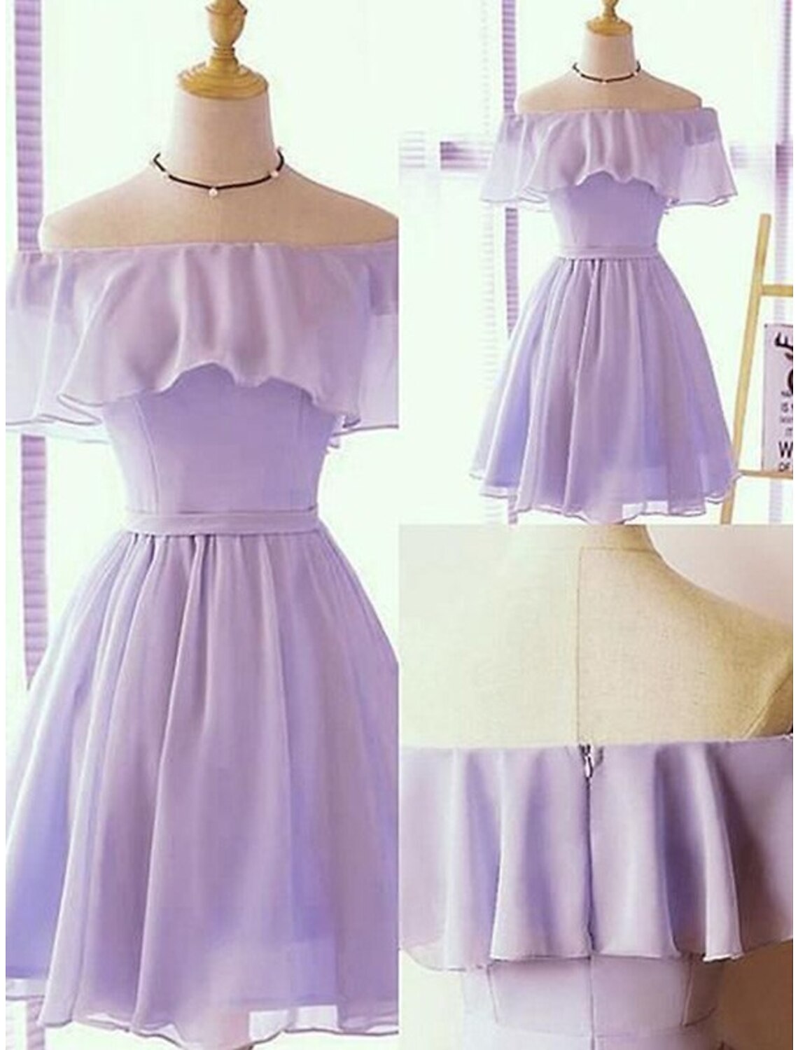 Elegant A-line short dress with off-shoulder neckline and ruffles.