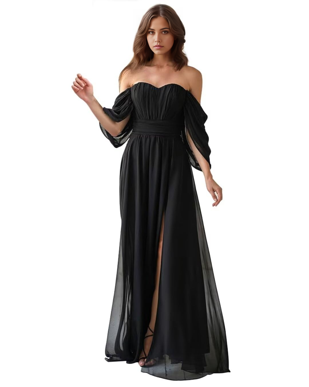 Model wearing an elegant A-line off-shoulder chiffon slit formal dress.