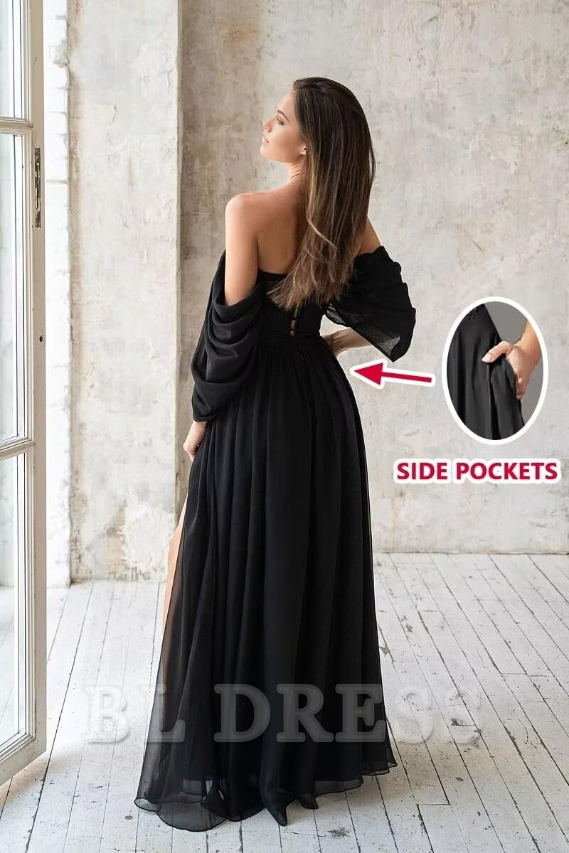 Full view of the flowing A-line off-shoulder chiffon dress with a front slit.