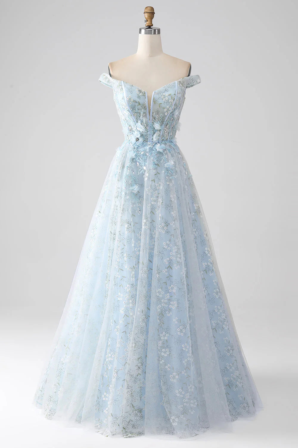 Light blue A-line off-shoulder long prom dress.