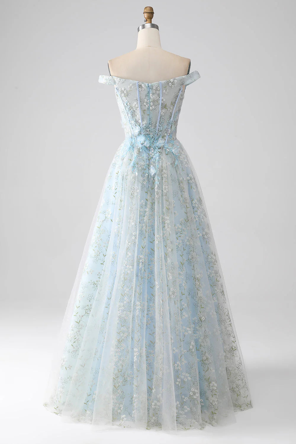 Back view of light blue off-shoulder corset prom dress.