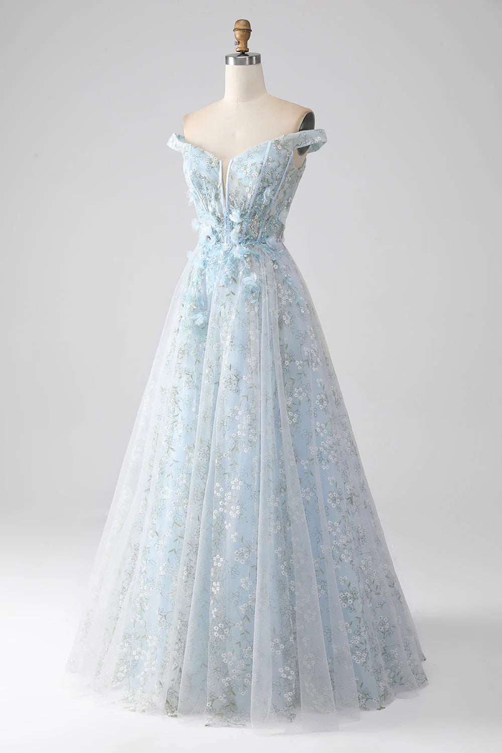 Close-up of corset bodice on light blue prom dress.