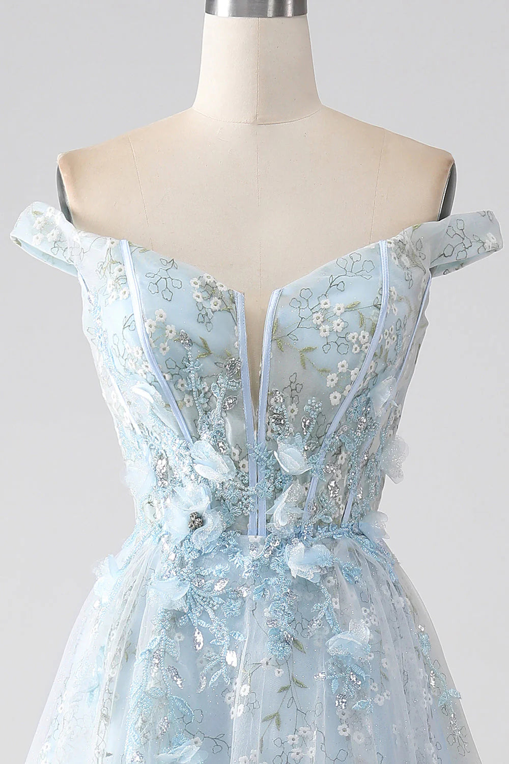 Elegant light blue A-line prom gown.