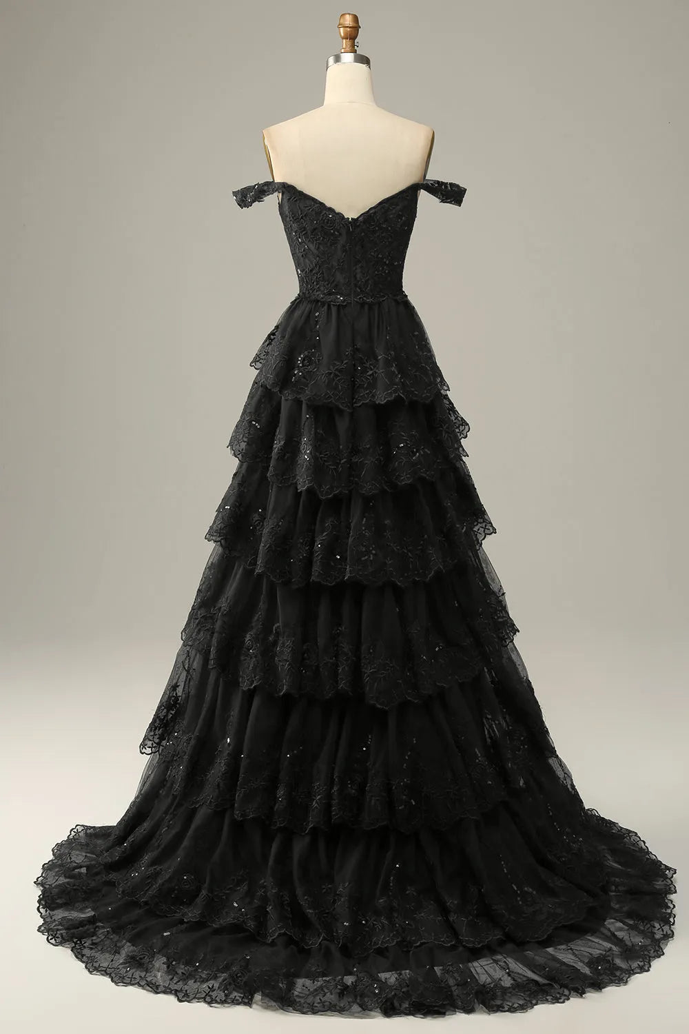 Back view of the elegant A-line prom dress with off-shoulder design.