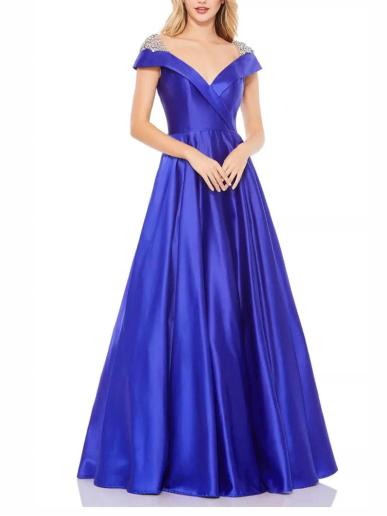 Side view of the A-line off-shoulder floor-length evening dress.