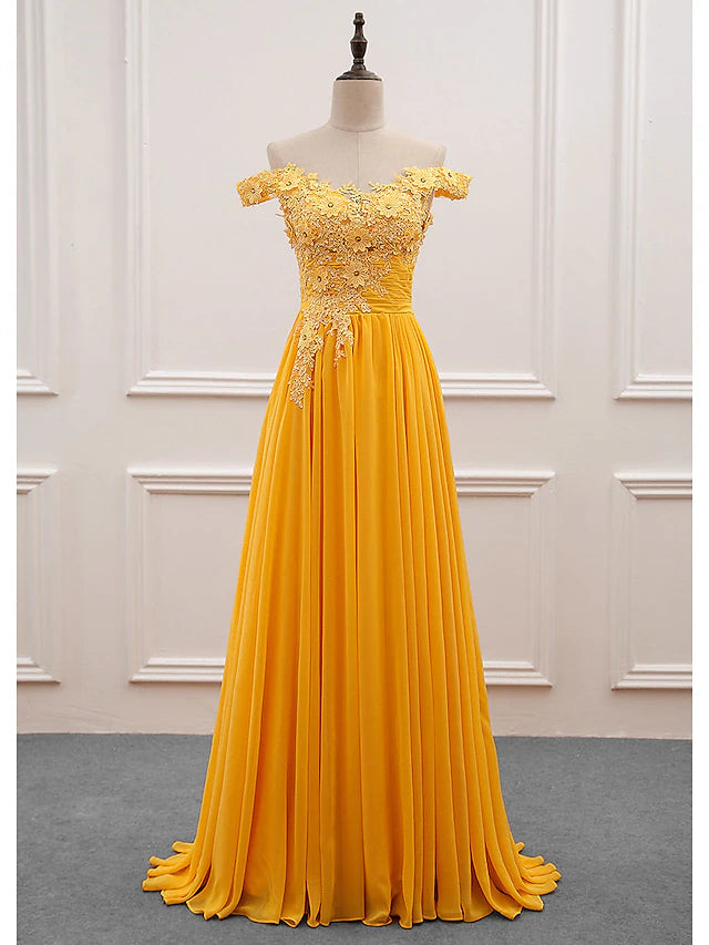 Elegant A-Line off-shoulder floral applique dress with a sweep train.