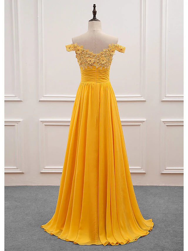 Side view of the A-Line off-shoulder floral applique dress.