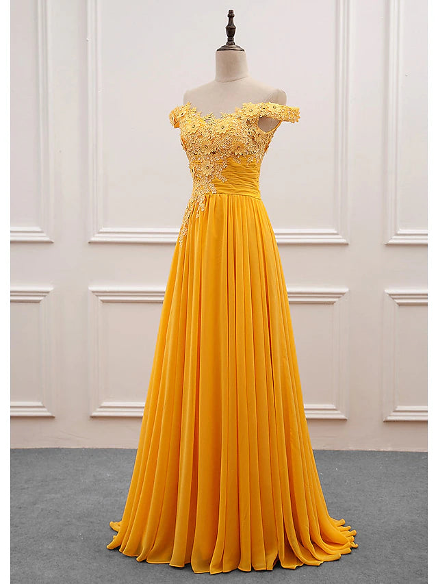 Back view of the A-Line off-shoulder floral applique dress.
