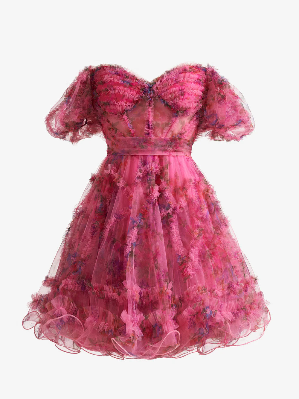 Close-up of the vibrant floral print on the off-shoulder dress.