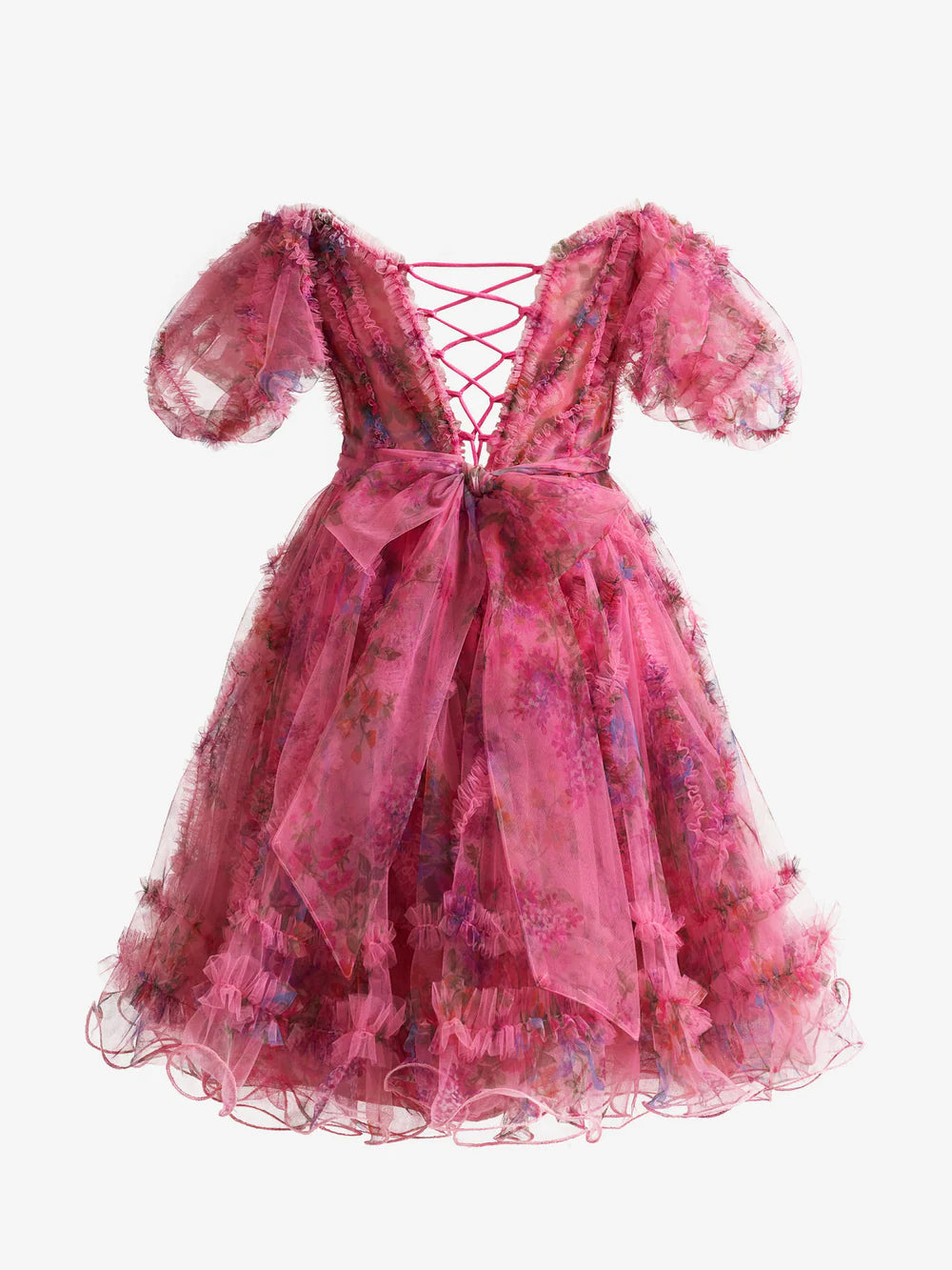 Side view of the A-line off-shoulder floral dress.