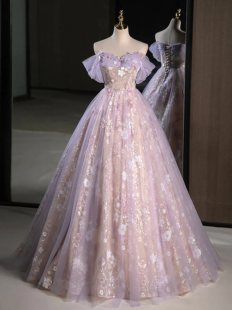 Elegant A-line off-shoulder long prom dress on a model.