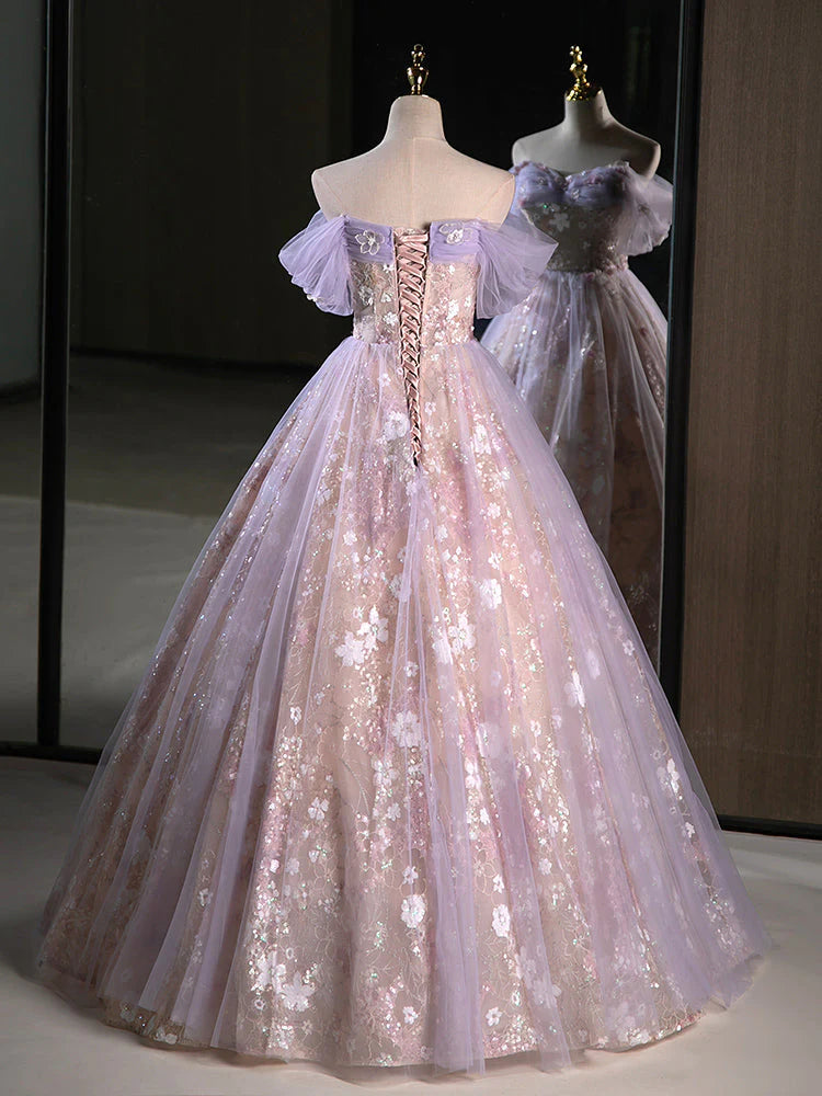 Model showcasing the flowing skirt of an A-line off-shoulder prom dress.
