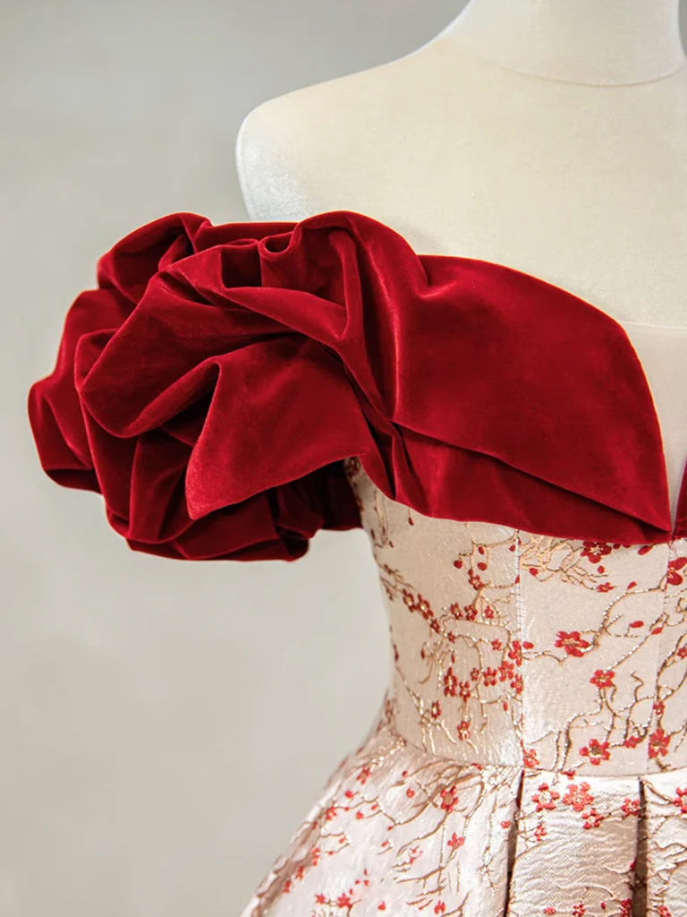Graceful A-line off-shoulder satin long prom dress, side view.