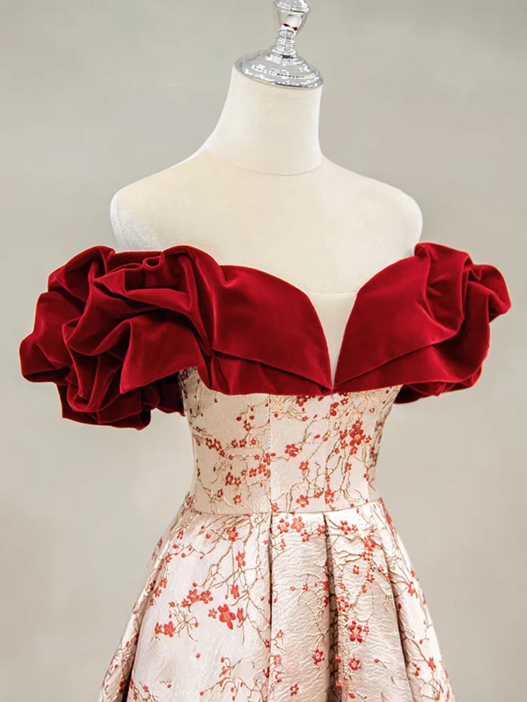 Back view of the A-line off-shoulder satin long prom dress.
