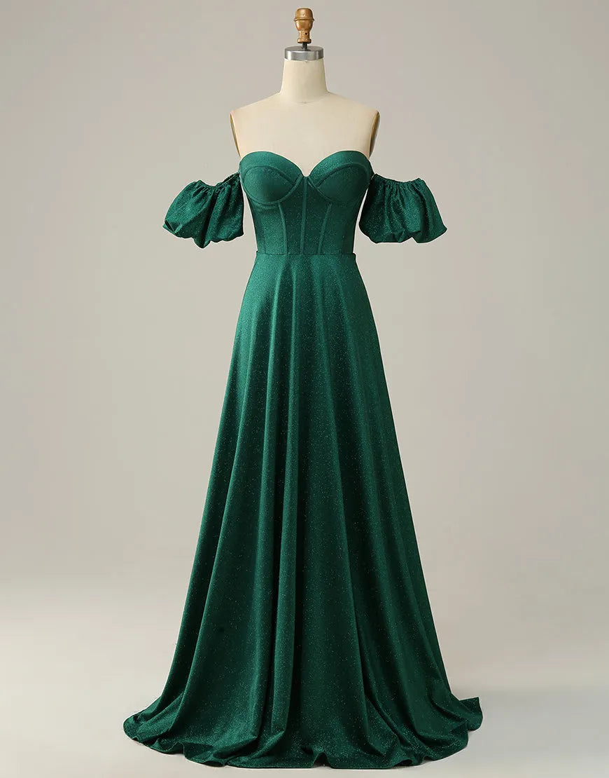 Dark green A-line off-shoulder glitter prom dress, front view.