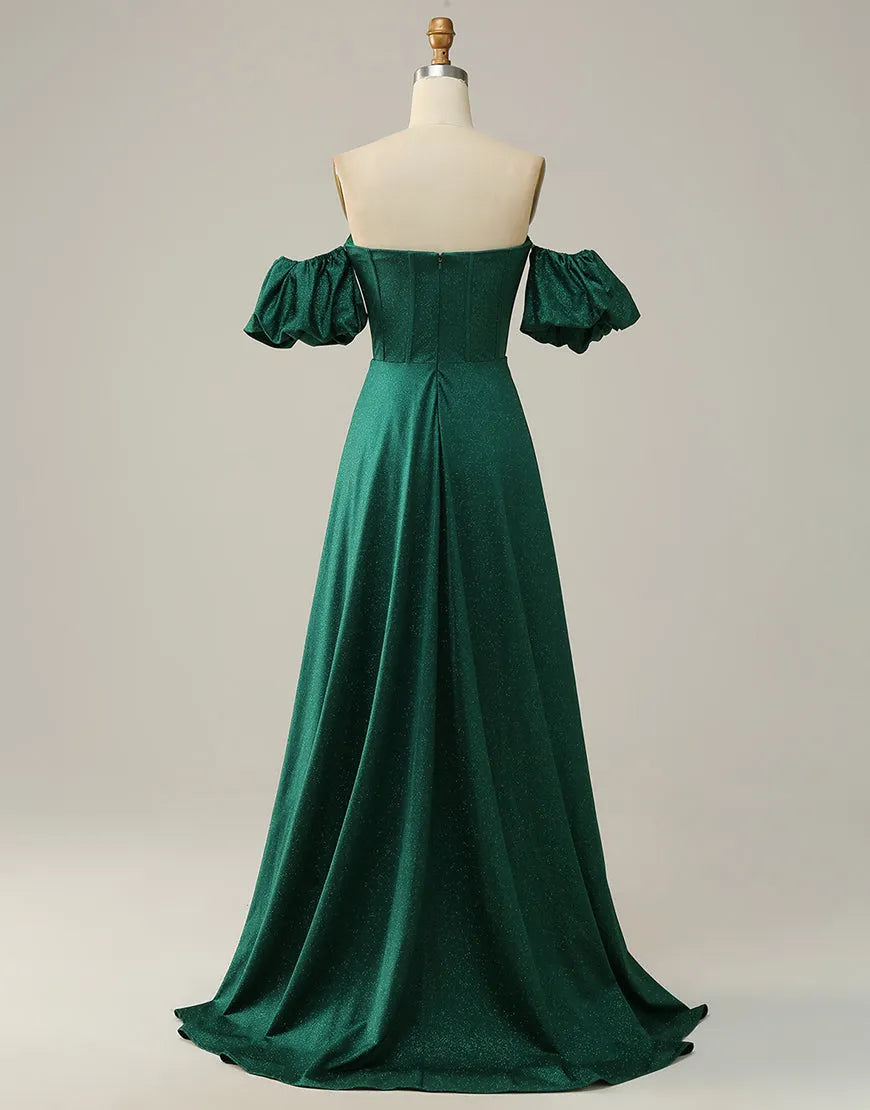 Dark green A-line off-shoulder glitter prom dress, side view.