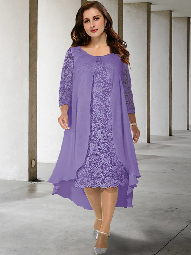 Plus size A-line Mother of the Bride dress with off-shoulder neckline, half sleeves, chiffon fabric, and appliques.