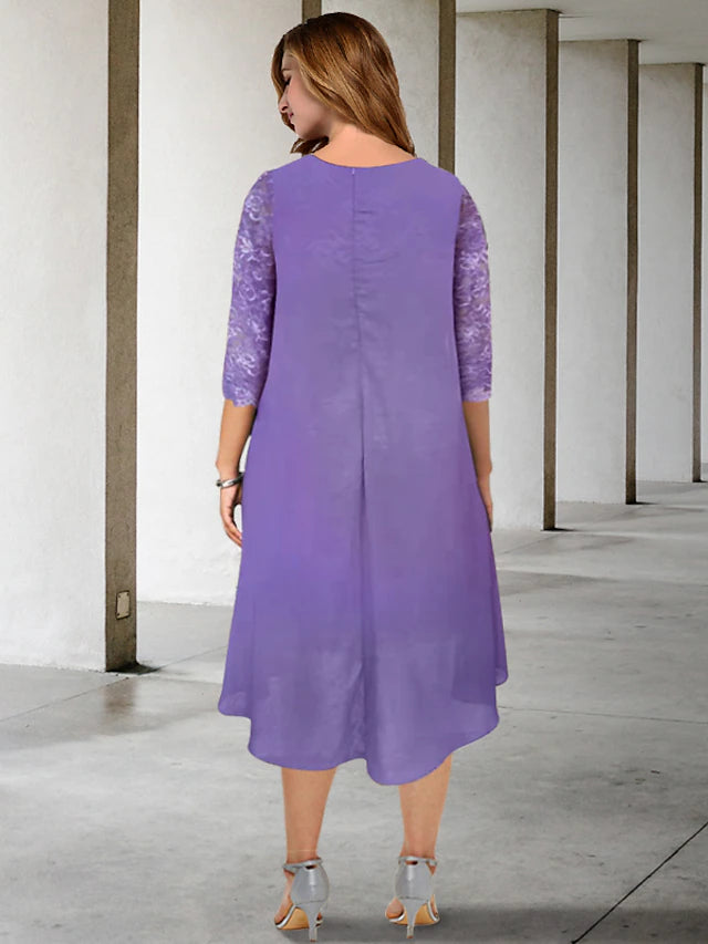 Plus size A-line Mother of the Bride dress with off-shoulder neckline, half sleeves, chiffon fabric, and appliques.