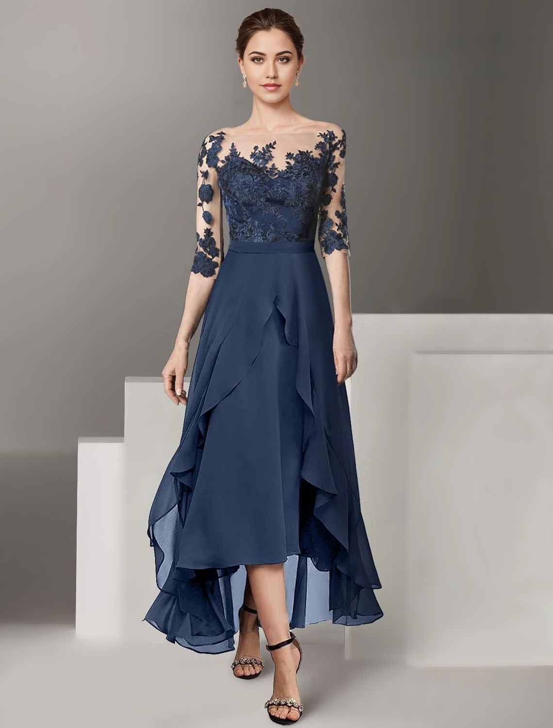 Elegant A-line off-shoulder chiffon lace gown with high-low hem.