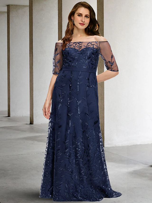 Plus size A-line mother of the bride dress with off-shoulder neckline and half sleeves, featuring sequin embroidery on tulle.
