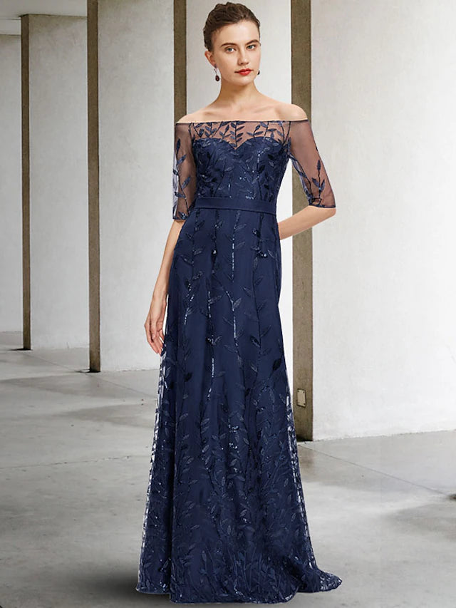 Elegant A-line off-shoulder Mother of the Bride dress with half sleeves and sequin lace.