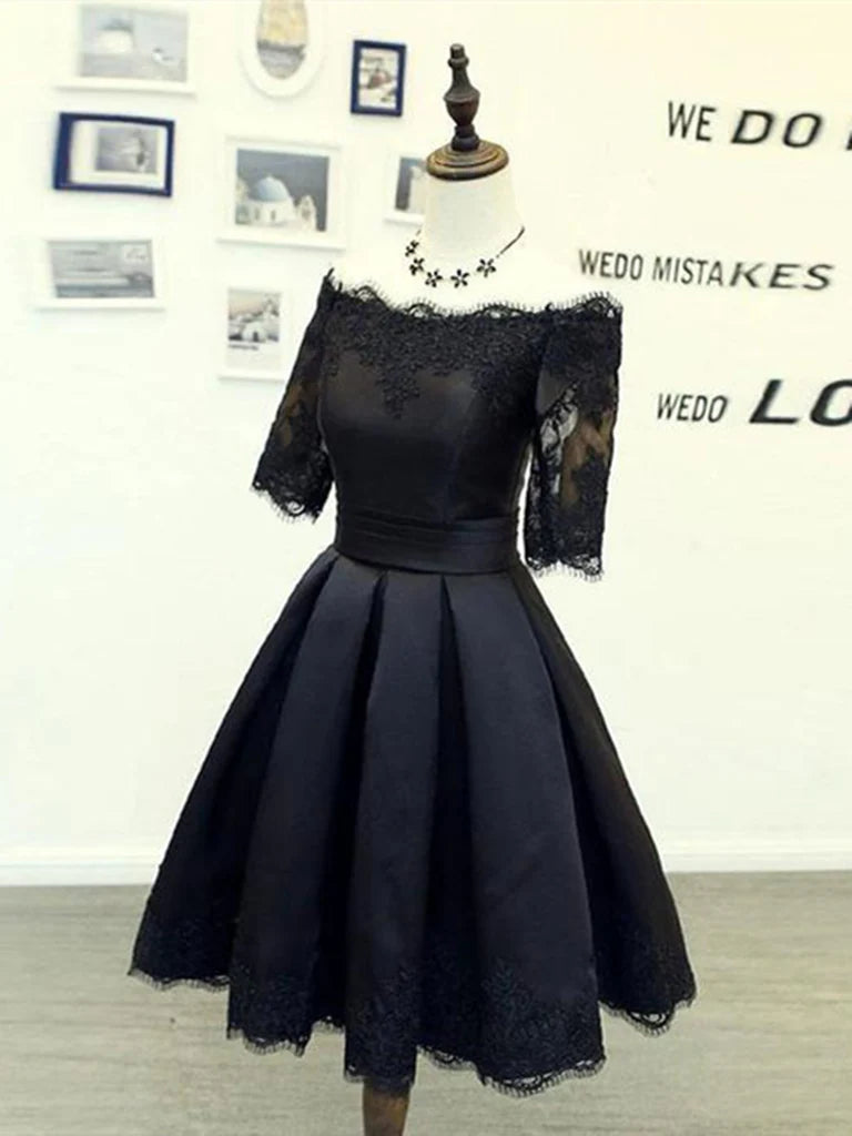 Model wearing an A-line off-shoulder short dress with half sleeves, front view.
