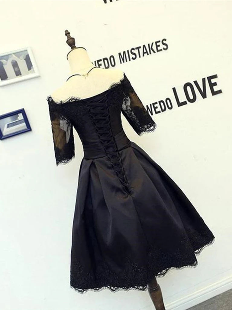 Model showcasing the back and side of the A-line off-shoulder short dress.