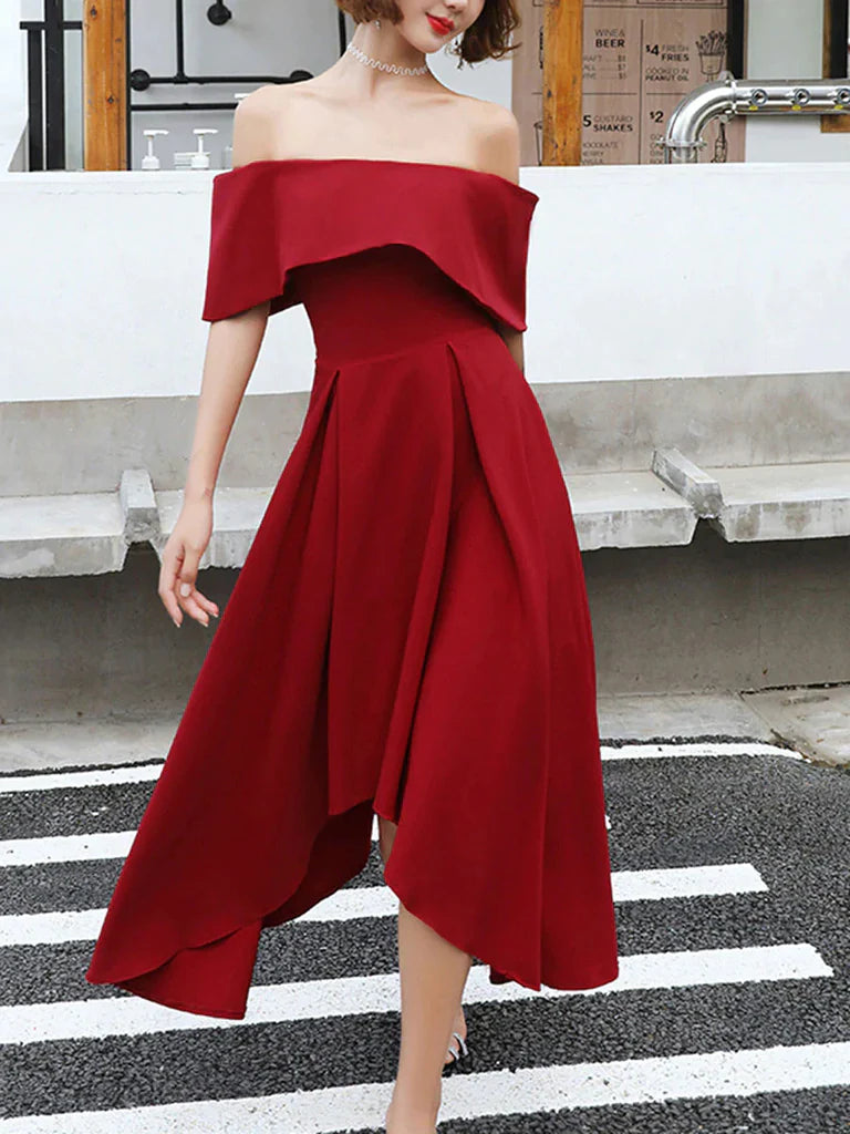 Elegant off-shoulder A-line high-low tea length prom dress.