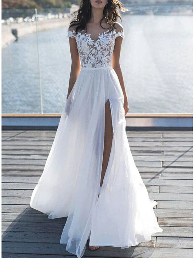 Elegant A-Line off-shoulder lace chiffon wedding dress.