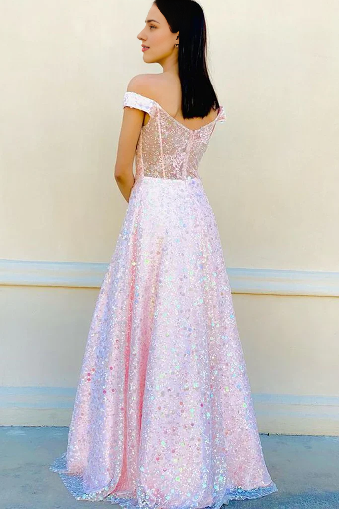 Elegant off-shoulder A-line lace floral long prom dress with intricate lace details.