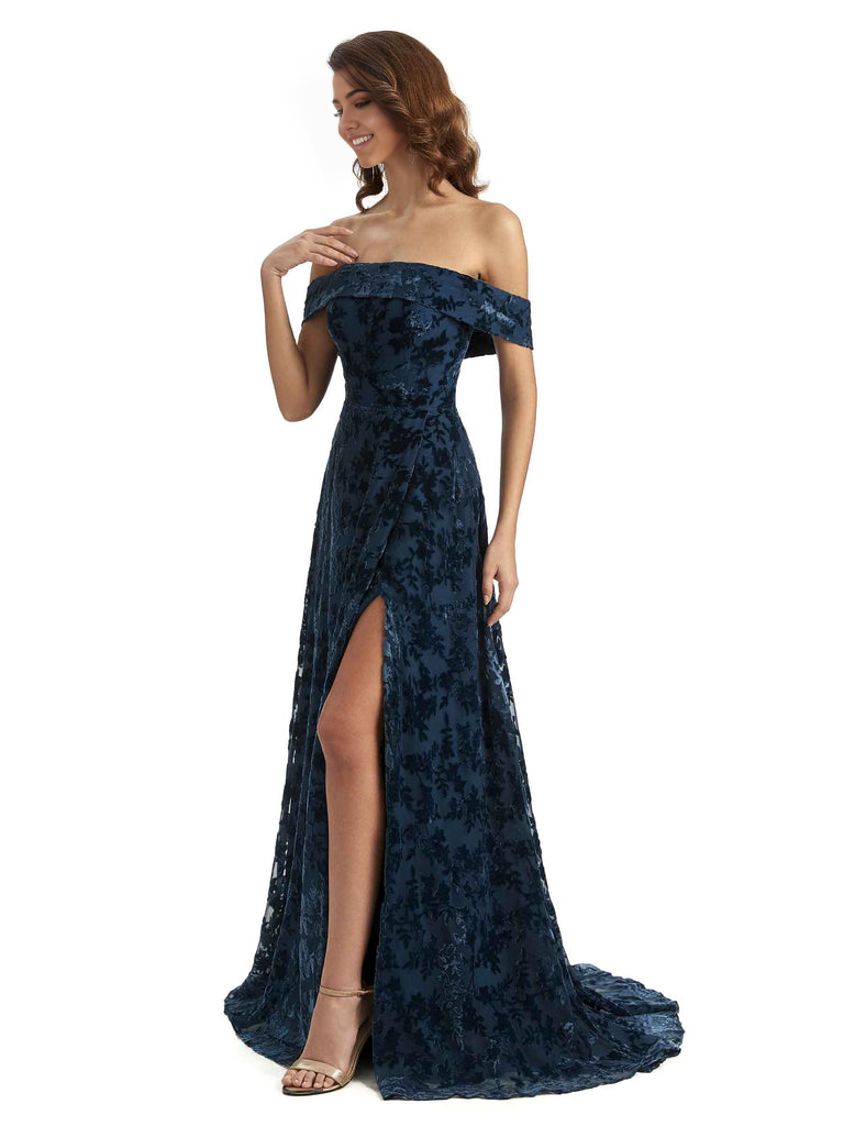 Elegant A-line off-shoulder lace velvet bridesmaid dress with side slit.