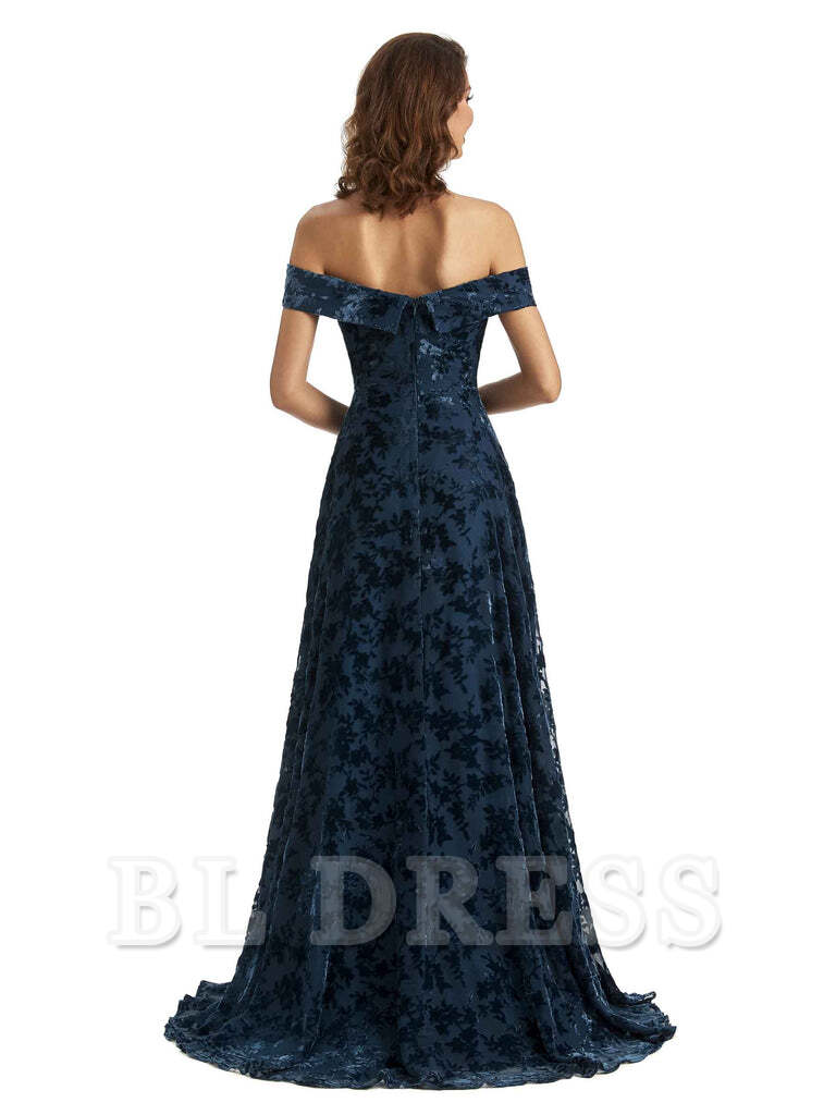 Back view of the A-line off-shoulder lace velvet bridesmaid dress.