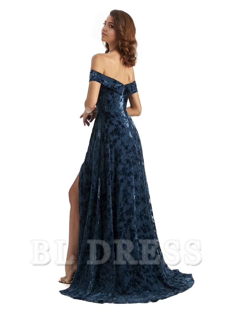 Side view of the A-line off-shoulder lace velvet bridesmaid dress.