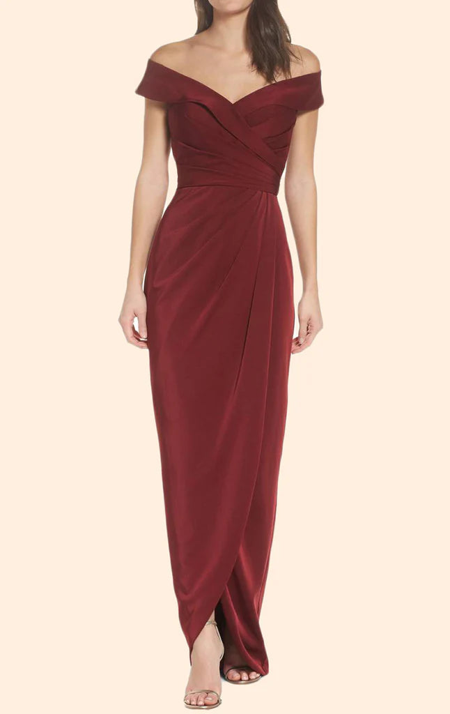 Elegant off-shoulder A-line long prom dress in dark blue.