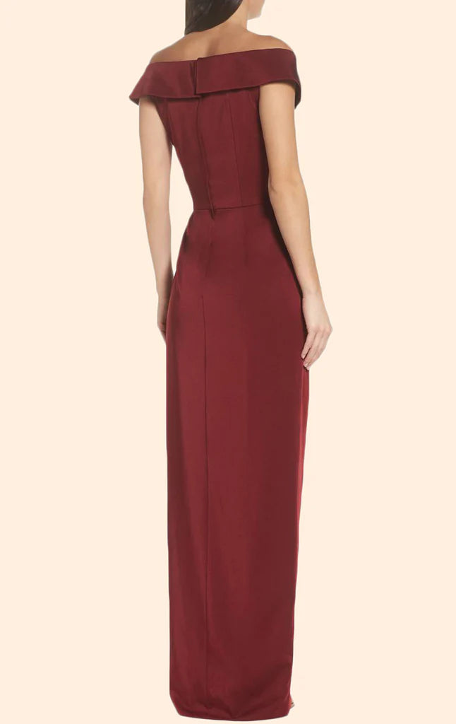 Back view of the graceful off-shoulder long formal gown.
