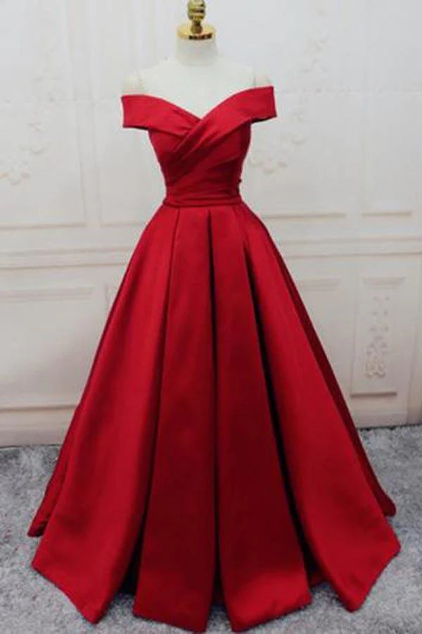 Elegant A-line off-shoulder long prom dress.