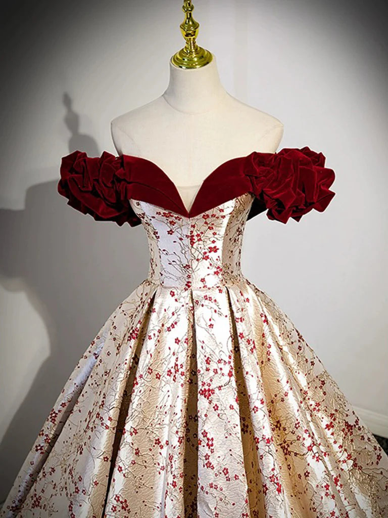 Model wearing an A-line off-shoulder long prom dress.
