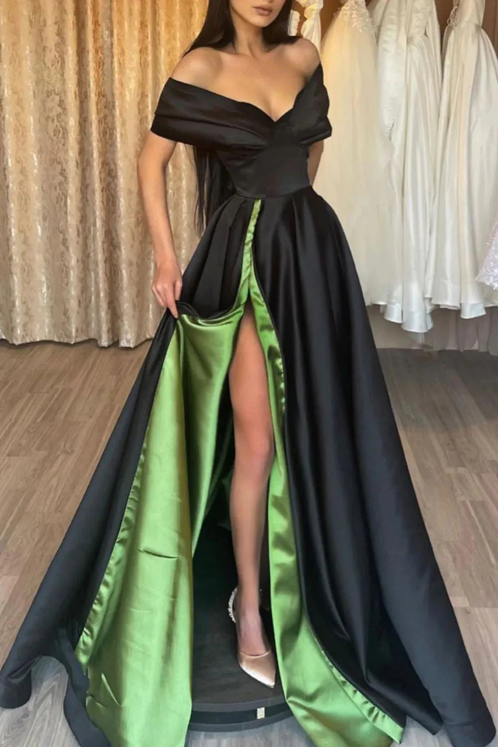Full view of the A-line off-shoulder long prom dress.