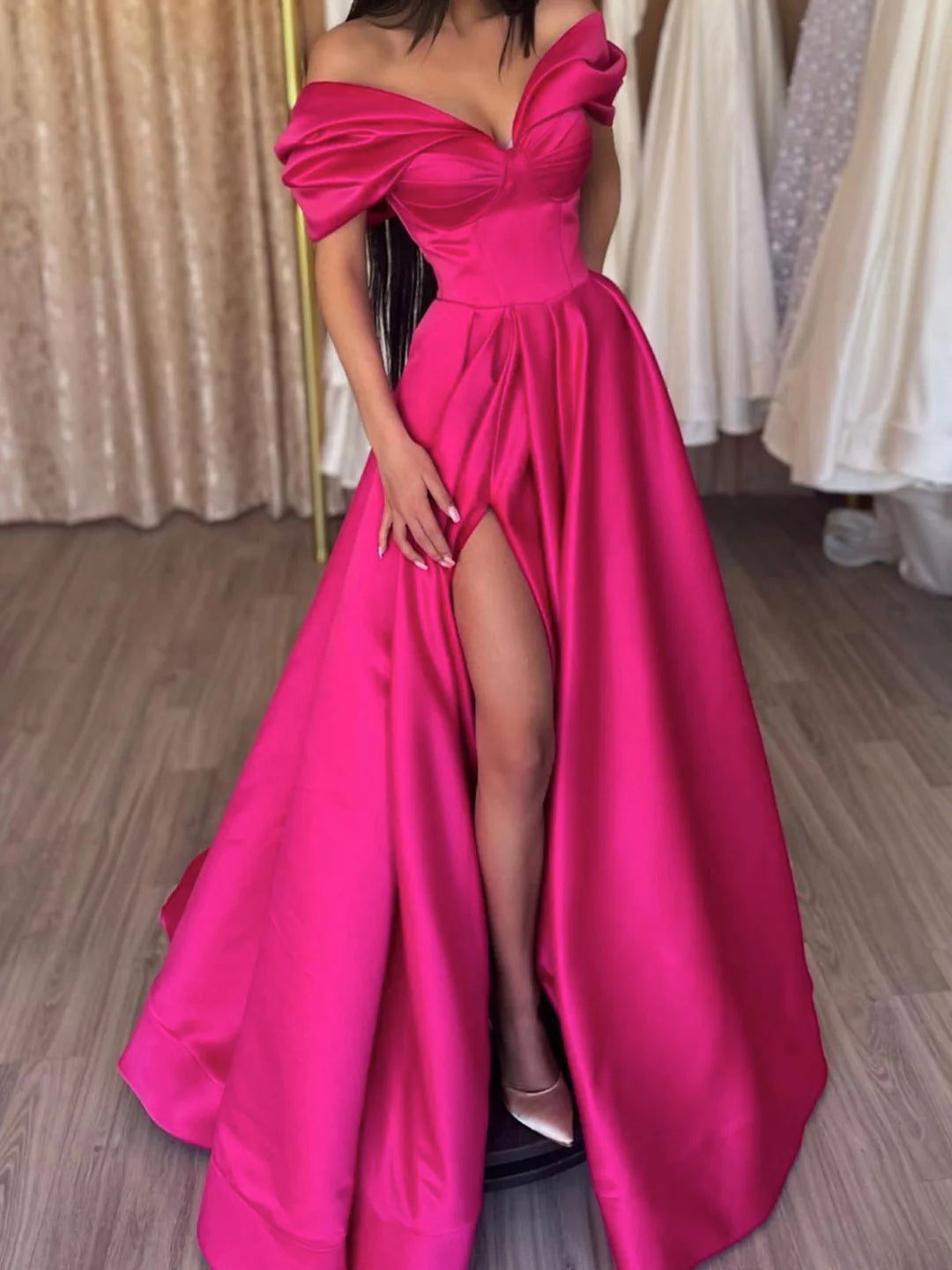 Elegant A-Line off-shoulder long prom dress for formal events.